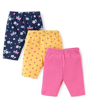 Babyhug Knit Three Fourth Leggings Floral Hearts & Solid Print Pack of 3 -Multicolour
