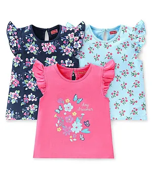 Babyhug Cotton Knit Frill Sleeves
                              Floral Printed T-Shirts Pack of 3 - Pink
                              Blue & Turquoise