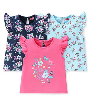 Babyhug Cotton Knit Frill Sleeves Floral Printed T-Shirts Pack of 3 - Pink Blue & Turquoise