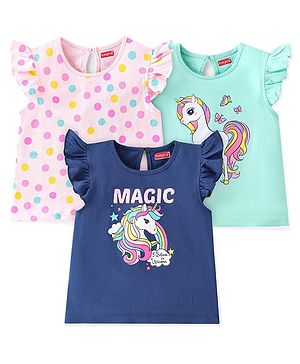 Babyhug Cotton Knit Frill Sleeves Polka Dots & Unicorn Printed T-Shirts Pack of 3 - Multicolour