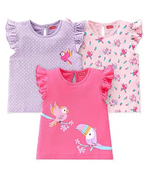 Babyhug Cotton Knit Frill Sleeves Polka Dots & Birds Printed T-Shirts Pack of 3 - Multicolour