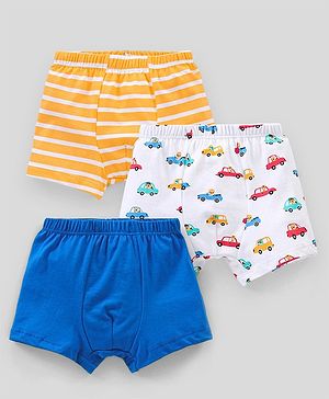 Babyhug 100% Cotton Trunks Striped & Car Print Pack of 3 - Blue Yellow & White