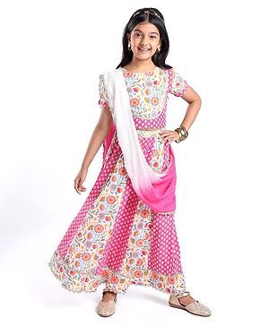Pine Kids Cotton Knit Half Sleeves Choli & Lehenga Set with Dupatta Floral Printed - Pink