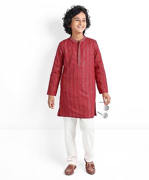 Pine Kids Cotton Full Sleeves Kurta & Pyjama Set Striped - Maroon & White