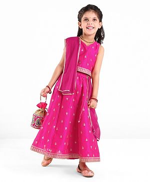 Babyhug Woven Sleeveless Choli With Lehenga & Dupatta Set Floral Embroidery - Pink
