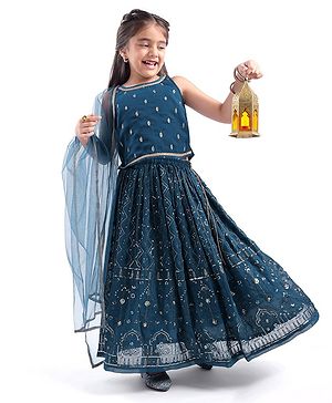 Babyhug Woven Sleeveless Embroiderd Choli Lehenga Set with Dupatta - Teal