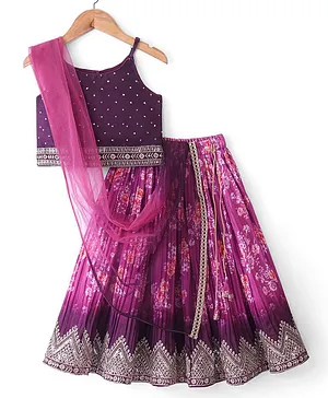 Babyhug Woven Sleeveless Embroidered Choli with Floral Printed Lehenga and Dupatta Set - Purple