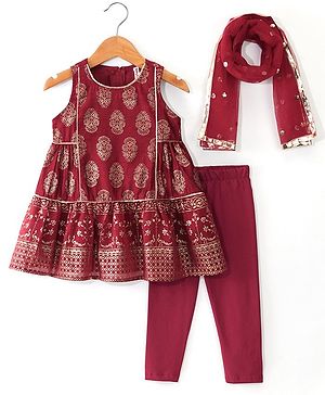 Babyhug Woven Sleeveless Gold Floral Printed Kurti Chudidar and Dupatta Set - Maroon
