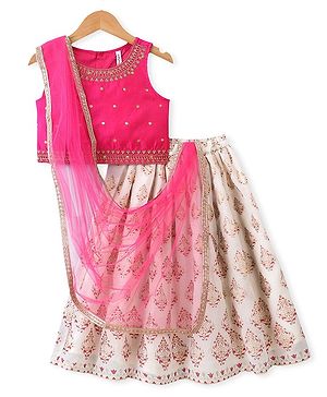 Babyhug Woven Sleeveless Embroidered Choli With Foil Printed Lehenga & Dupatta Set - White & Pink
