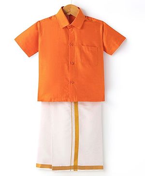 Babyhug Woven Half Sleeves Shirt & Mundu Set Solid Color - Orange