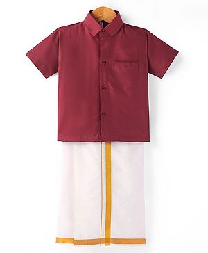 Babyhug Woven Half Sleeves Shirt & Mundu Set Solid Colour - Red