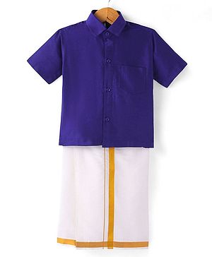 Babyhug Woven Half Sleeves Shirt & Mundu Set Solid Color - Blue