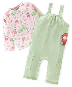 Babyhug Cotton Knit Dungaree with Full Sleeves Inner Tee Scenery Print - Pink & Green
