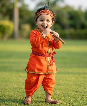 Babyhug Woven Full Sleeves Jamna Set with Forehead Cap & Waistband- Orange