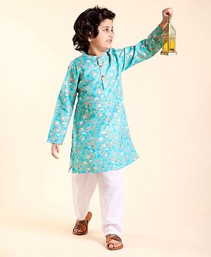 Babyhug Cotton Woven Full Sleeves Kurta Pyjama Set Printed - Blue & White
