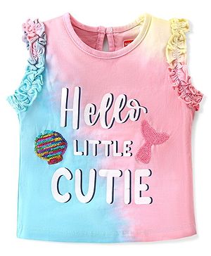 Babyhug Cotton Knit Sleeveless Tie & Dye Top with Text Print & Sequins- Pink & Blue