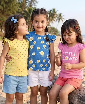 Babyhug Cotton Knit Frill Sleeves
                              Floral & Heart Printed T-Shirts Pack
                              of 3 - Pink Blue & Yellow