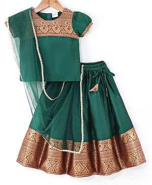 Babyhug Half Sleeves Choli & Pattu Pavada Lehenga  with Dupatta Set Foil Printed - Green