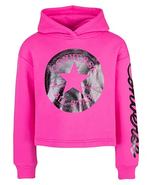 Converse Full Sleeves Placement Brand Name Foil Printed  Cropped Hoodie -  Pink