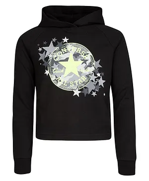 Converse Full Sleeves Placement Brand Name & Stars Printed Cropped Hoodie - Black
