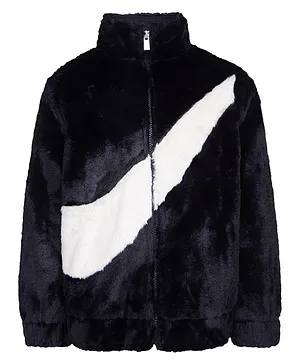 Nike Full Sleeves Brand Logo Printed Swoosh Faux Fur Lined Jacket - Black