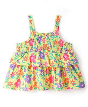 Babyhug 100% Cotton Knit Sleeveless Top with Smocking and Floral Print - Multicolour