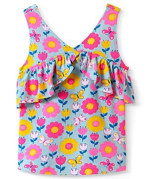 Babyhug Cotton Knit Sleeveless Top with Floral Print & Frill Detailing - Blue
