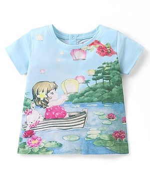 Babyhug 100% Cotton Knit Half Sleeves Top Scenery Print - Light Blue