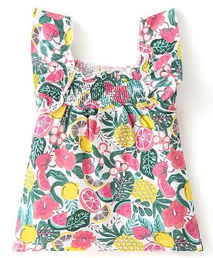 Babyhug 100% Cotton Knit Frill Sleeve Top with Floral Print & Smocking Detailing  -Multicolour