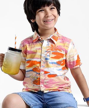 Babyhug Cotton Woven  Half Sleeves Shirt Beach Theme Print - Multicolour