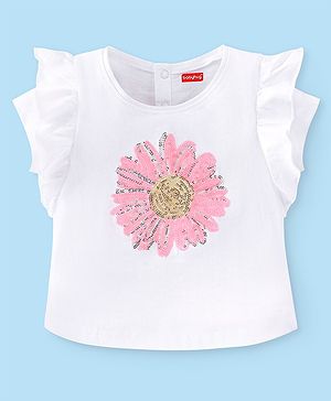 Babyhug Cotton Frilled Half Sleeves T-Shirt With Floral Sequins  - White