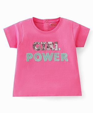 Babyhug 100% Cotton Half Sleeves T-Shirt with Graphics & Sequins Detailing- Pink