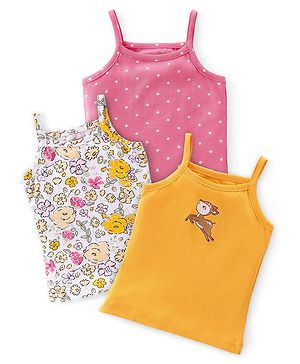 Babyhug 100% Cotton Knit Single Jersey Sleeveless Slips  With Floral & Deer Print Pack Of 3 - White Pink & Yellow