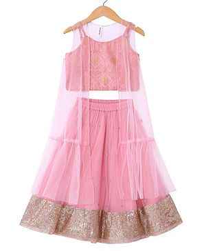 Babyhug 100% Cotton Sleeveless Borcade Choli with Embroidered Lehenga and Net Jacket Set - Pink