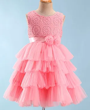 Bluebell Net Sleeveless Party Frock With Floral Applique - Pink