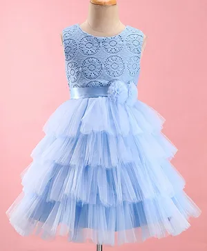 Bluebell Net Sleeveless Party Frock With Floral Applique - Blue