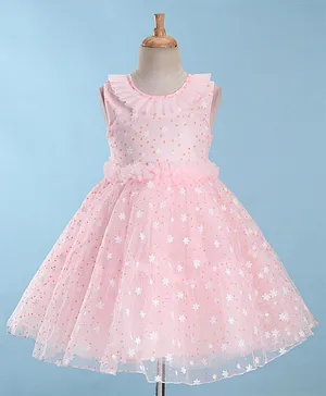 Bluebell Net Woven  Sleeveless Party Frock With Floral Glittery - Peach