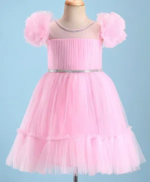 Bluebell Net Sleeveless Party Frock With Beads Detailing - Pink