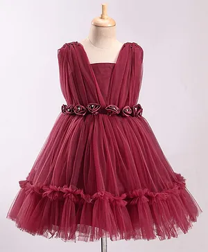 Bluebell  Net Sleeveless Party Frock Solid Colour with Floral Applique- Maroon