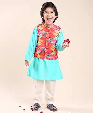 Babyhug Cotton Solid Kurta with Pyjama Set & Printed Jacket - Blue