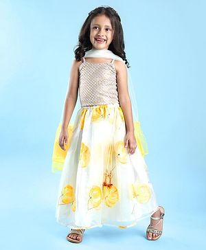 Babyhug Singlet Sleeves Mirror Embroidered Choli with Printed Lehenga & Net Jacket Set - White & Yellow