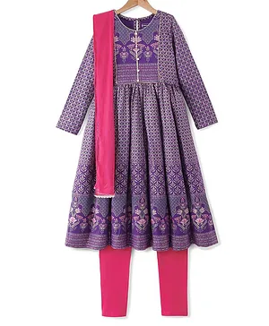 EARTHY TOUCH 100% Cotton Knit Full Sleeves Kurta & Legging Set With Dupatta Floral Print - Purple & Pink
