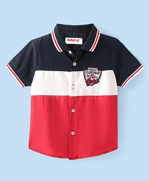 Babyhug Cotton Woven Half Sleeves Front Cut & Sew Pannel RIB Collar  Shirt with Badge Applique - Red White & Navy