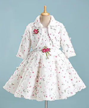 Enfance Sleeveless Floral Applique Detailed & Fur Embellished  Dress With Jacket - White