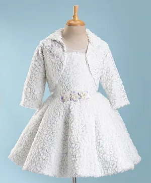 Enfance Three Fourth Sleeves Geometric Designed & Fur Embellished Shrug With Coordinating Dress - White