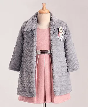 Enfance Full Sleeves Floral Applique Fur Lined Shrug With Shimmer Box Pleated Dress - Grey