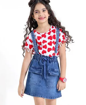 Ollington St. 100% Cotton Half Sleeves Inner T-Shirt & Frock With Heart Print - White Red & Blue