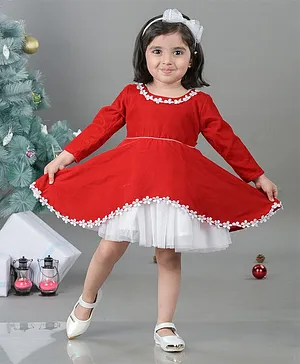 Titrit Christmas Theme Full Sleeves Floral Lace Embellished Fit & Flared Velvet Dress - Red