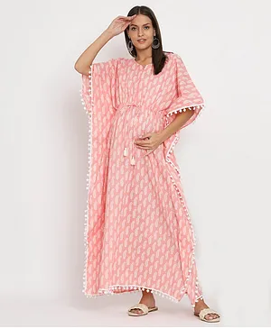 Aujjessa Half  Batwing Sleeves Paisley Printed Maternity Kaftan Dress With Concealed Zipper Nursing Access - Light Pink