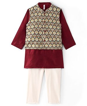 Babyhug 100% Cotton Woven Full Sleeves Kurta & Pajama Set with Floral Printed Jacket - Maroon